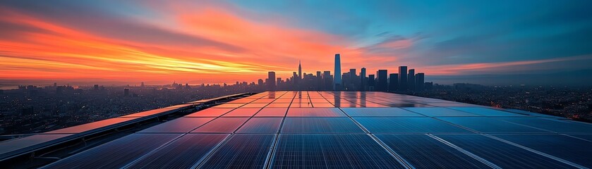 Fototapeta premium Innovative solar panels blanket rooftops in a thriving sustainable city, showcasing clean energy solutions for modern living.