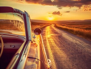 Classic Car on a Winding Country Road at Sunset