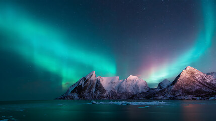 Naklejka premium Aurora borealis green and blue. Northern lights in winter mountains. Sky with polar lights and stars polar lights over ice and snow landscape