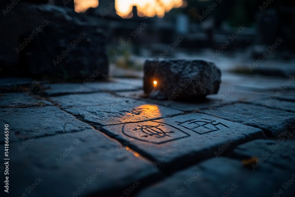 Poster Close-up of ancient stone carvings illuminated by a warm light source reflecting on wet pavement at dusk. Focus on detail and texture with a blurred background