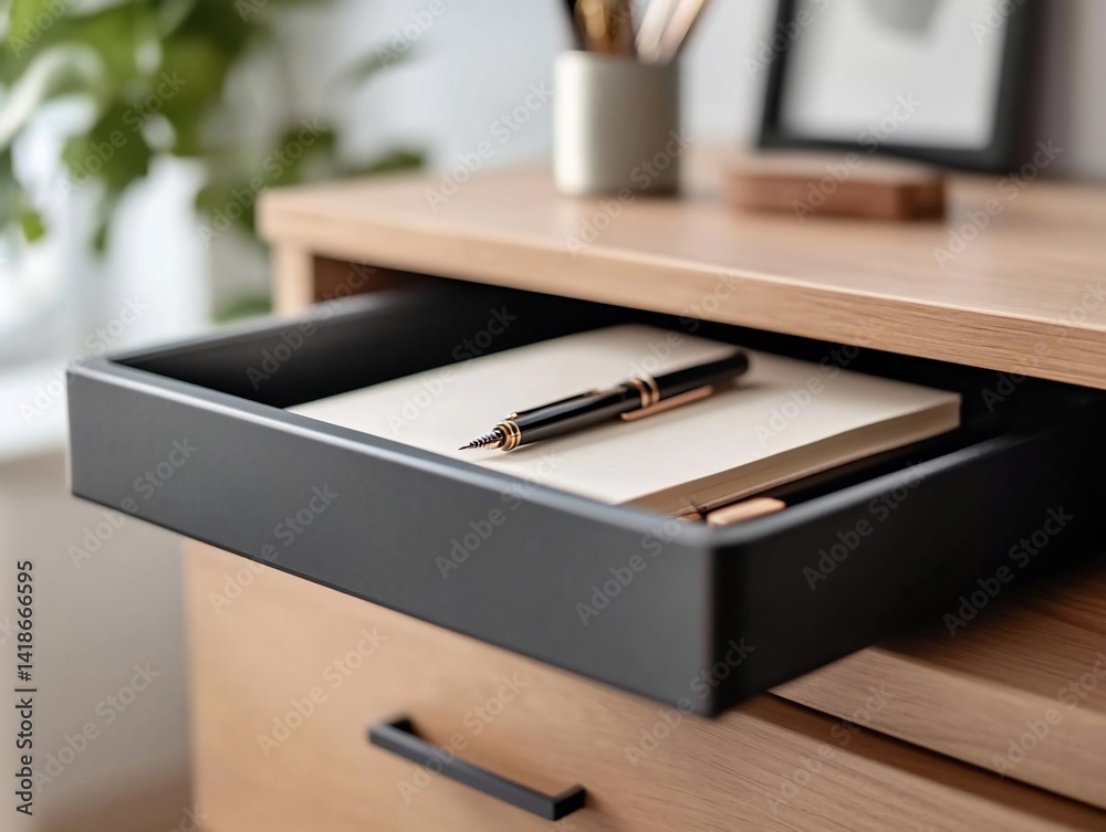 Poster open wooden drawer revealing a notebook and pen. the drawer sits on a wooden desk. the background fe