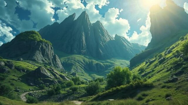 Aerial View of Majestic Mountain Landscape with Drifting Clouds and Sunlit Valleys