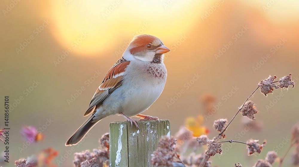 Aufkleber A small bird perched on a wooden post with a blurred background of warm sunlight and wildflowers. The bird displays detailed feather patterns and the scene evokes a sense of tranquility and natural