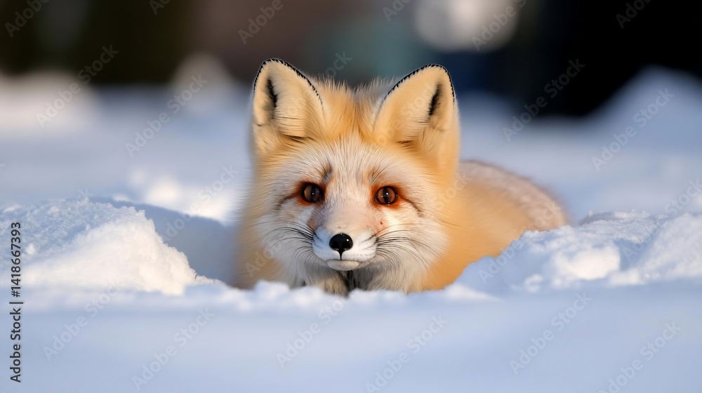 Poster A close-up shot features an animal with a warm reddish-orange coat resting in a snow-covered environment. The animal gazes forward with focused eyes its fur dusted with snow. The background is