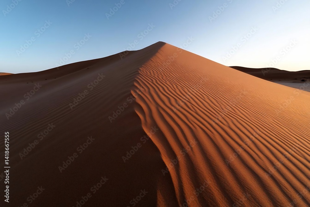 Fototapete close up view of a sand dune textured with wind patterns under a clear blue sky. the warm sunlight c