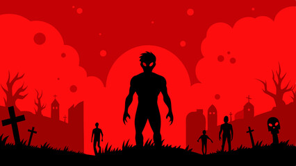 bloody Halloween background with zombies and red moon fright scene