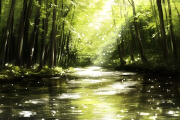 Obraz premium Sunlight streams through a tranquil forest stream.
