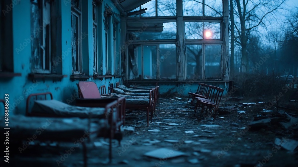 Poster an eerie blue-toned exterior shot of an abandoned building interior with rows of dilapidated beds an