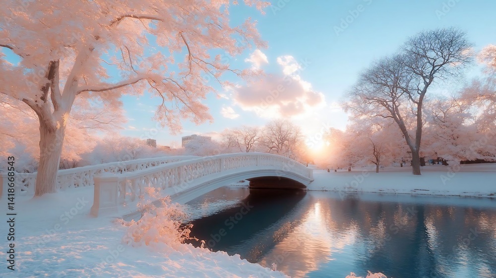 Fototapete idyllic winter landscape featuring a white bridge over a serene lake with snow-covered trees under a