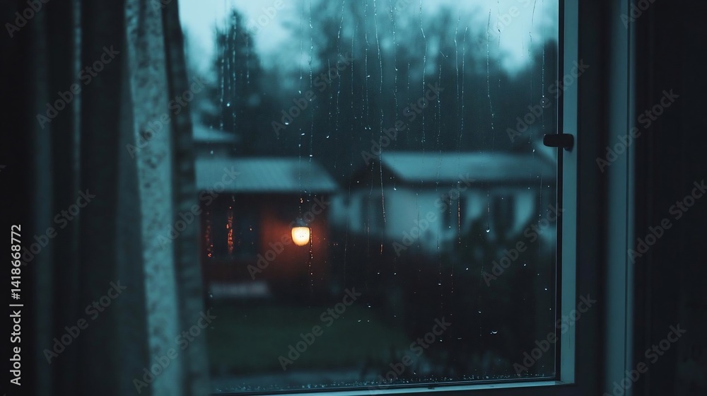 Aufkleber Raindrops on window with a view of houses and a lit lamp creating a cozy, melancholic atmosphere. The scene is framed by a lace curtain. Moody, atmospheric