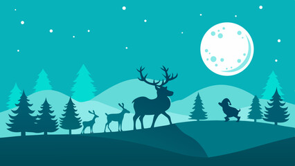 Christmas Background with Santa and Reindeer Silhouette Scene