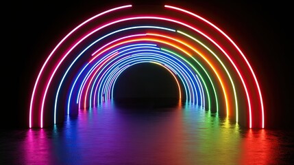 Fototapeta premium Vivid neon illumination in an artistic tunnel forming a spectrum archway