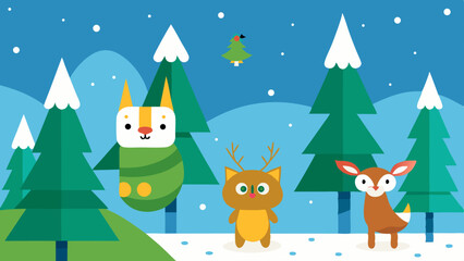 Christmas Cartoon Forest Background with Playful Animals Scene