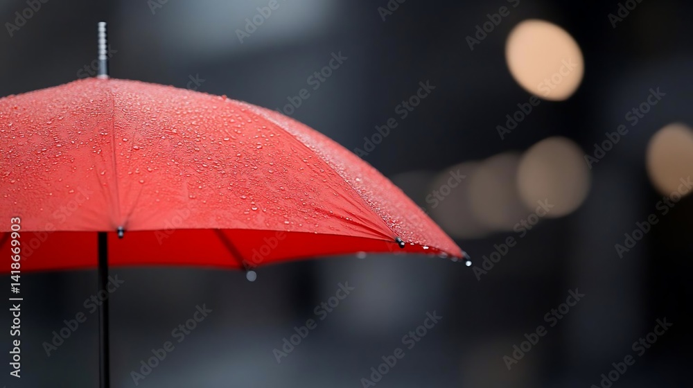 Poster Close-up of a vibrant red umbrella glistening with raindrops against a blurred background with bokeh lights reflecting the wet weather conditions