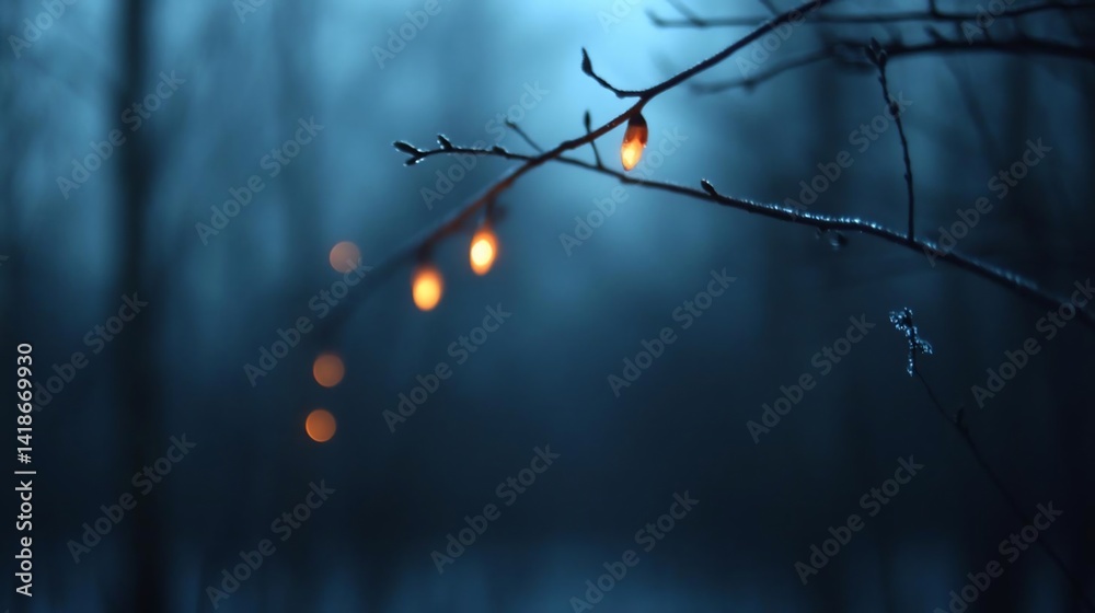 Fototapete close-up of a tree branch with small glowing lights against a blurred blue background evoking a tran