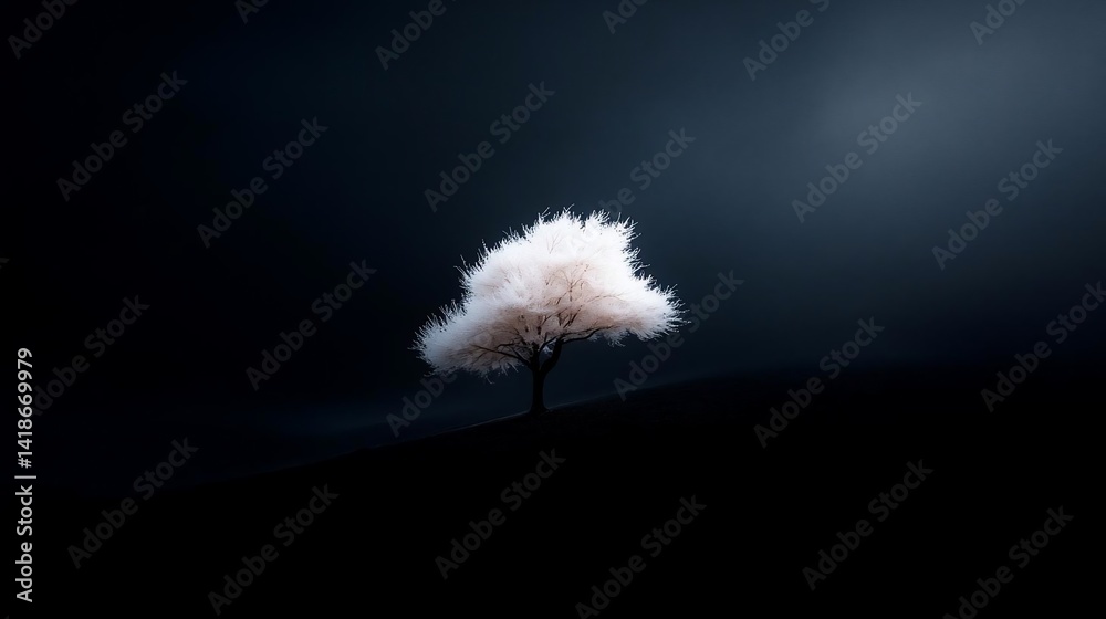 Poster a solitary tree with white blossoms stands against a dark, atmospheric background. the tree is illum
