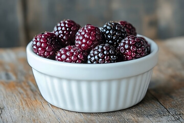 A close-up of fresh blackberries in a white bowl on a rustic wooden table, highlighting their vibrant color