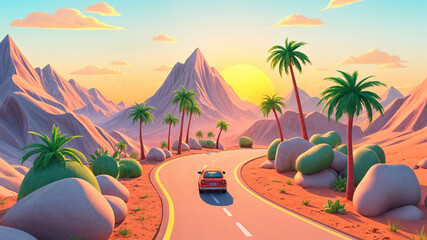 Car driving on a desert road, with mountains and palm trees. Suitable for travel, adventure, vacation, and road trip concepts.