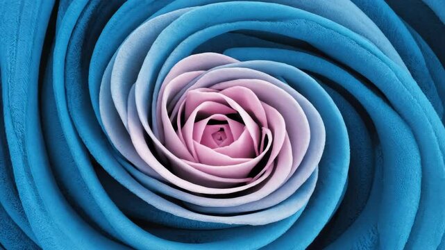 Abstract textured rose flower with spiraling petals in shades of blue and pink gradient emanating from center creating a mesmerizing effect.