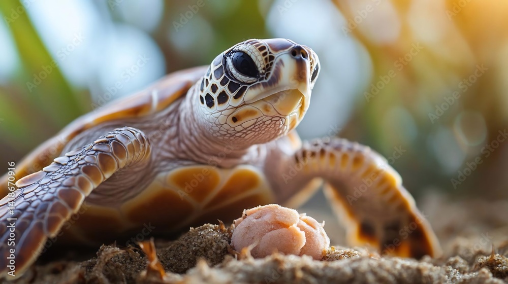 Fototapete close-up of a sea turtle on sandy beach illuminated by sunlight. focus on the turtle's textured shel