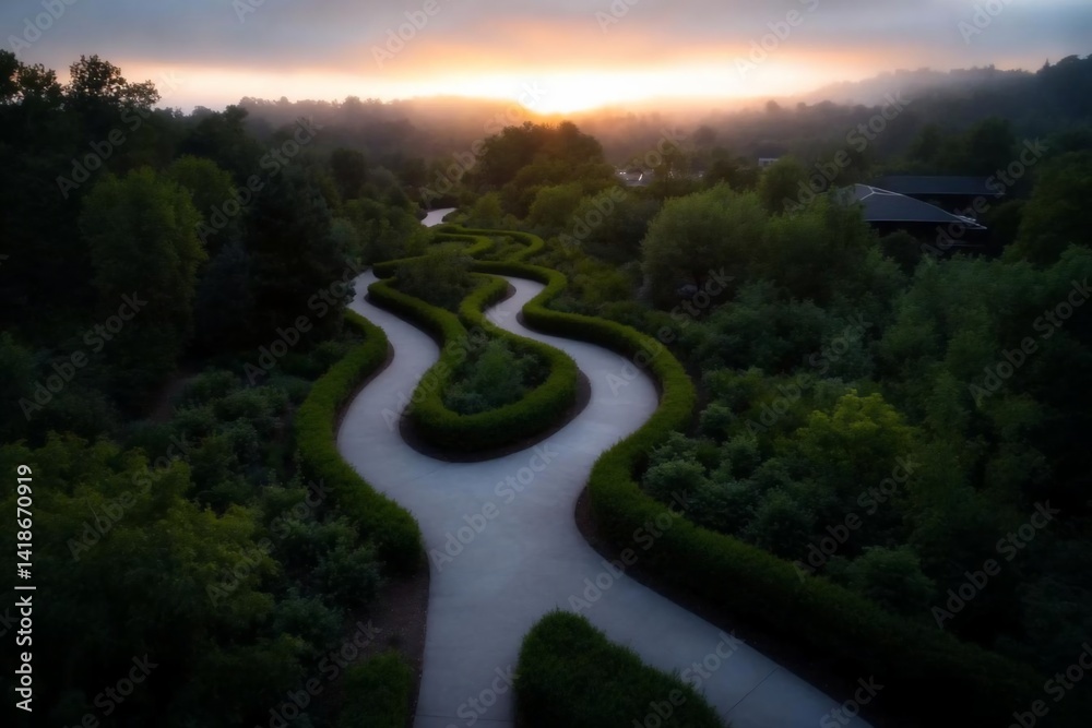Poster Aerial view of a winding pathway through lush green vegetation under a misty sky with a setting sun. Serene garden landscape with symmetrical hedges and natural light