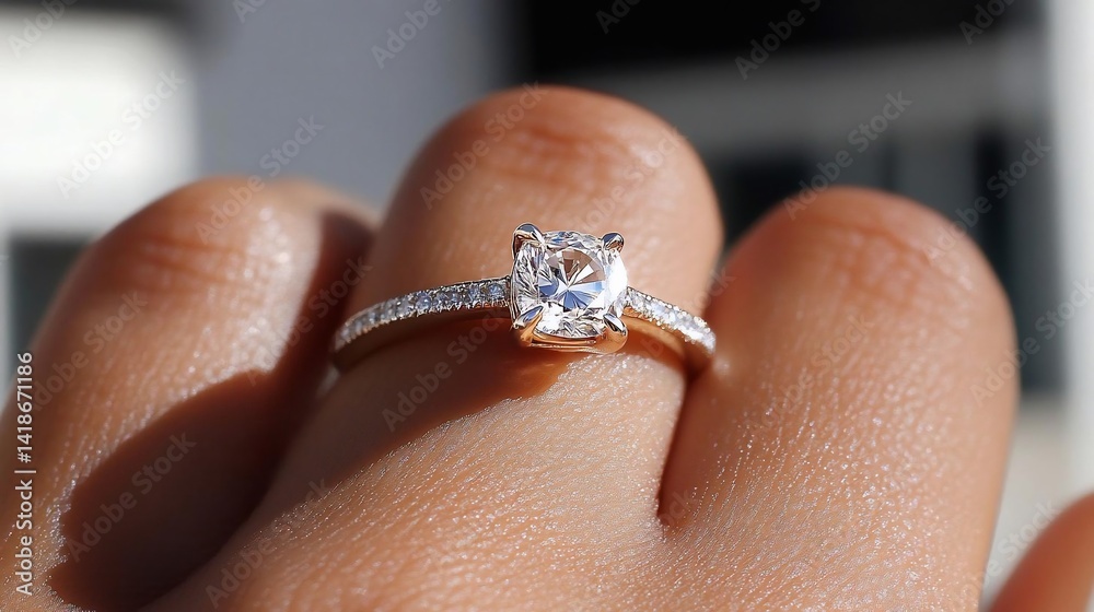 Poster close-up of a hand wearing a diamond ring in daylight. the ring sparkles on the finger with a blurre