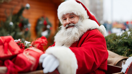 smiling santa claus in his sleigh with gifts, during christmas season, christmas market, christmas event, winter season for children, tradition, photo of santa