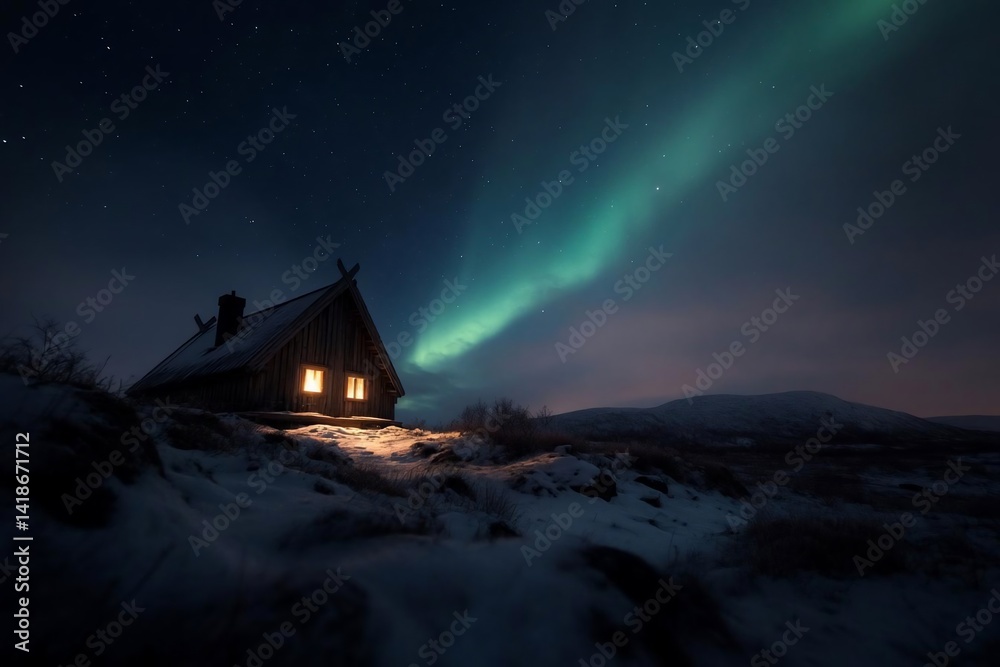 Aufkleber a rustic wooden cabin illuminated by warm light against a backdrop of a starry night sky with vibran