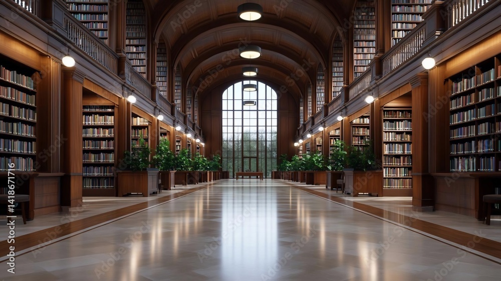 Poster elegant library interior with arched ceiling bookshelves and natural light from large window showcas