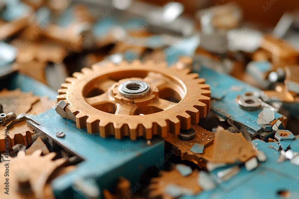 Poster Close-up view of scattered golden gears and metallic components on a turquoise surface illuminated with warm lighting evoking mechanical intricacy and industrial aesthetic