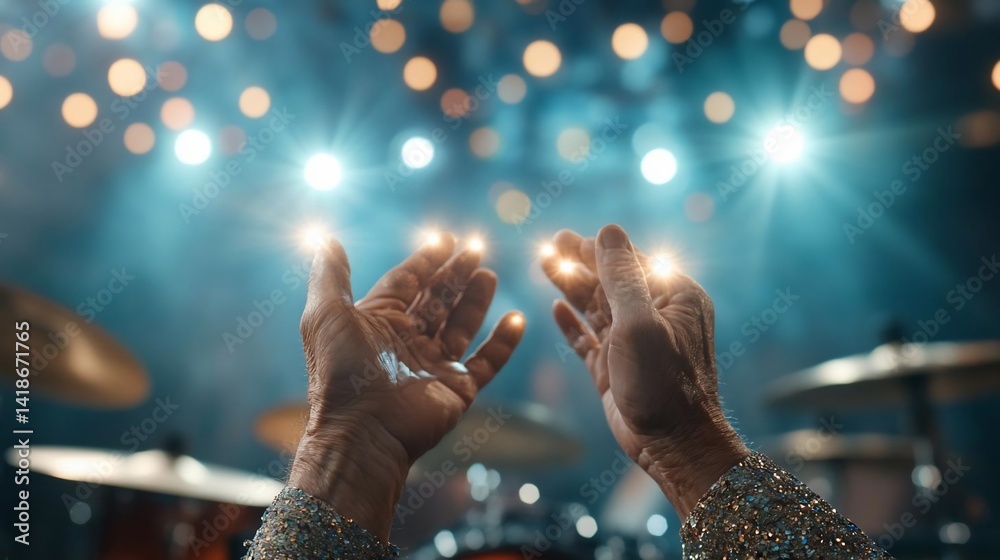 Poster close-up of hands raised with glittering adornment against stage lights and blurred background in bl