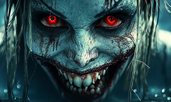 Terrifying zombie woman with glowing eyes, smeared with blood, bares sharp teeth