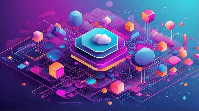 Futuristic Flat Vector of Quantum Computing Nodes and Cloud Networks in Isometric Layout