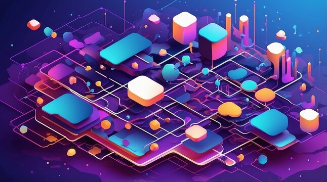 Futuristic Flat Vector of Quantum Computing Nodes and Cloud Networks in Isometric Layout