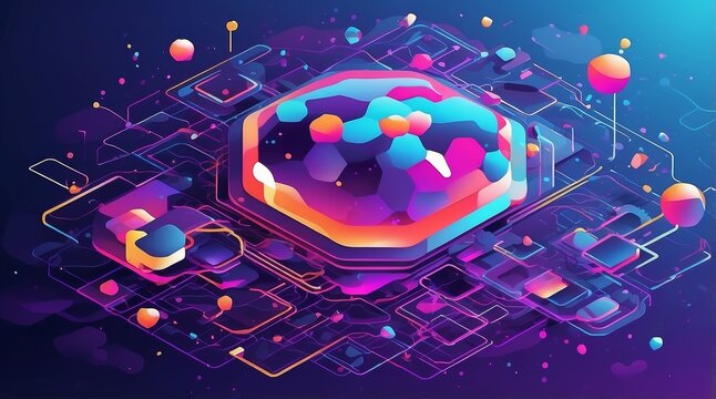 Futuristic Flat Vector of Quantum Computing Nodes and Cloud Networks in Isometric Layout