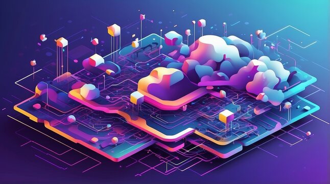 Futuristic Flat Vector of Quantum Computing Nodes and Cloud Networks in Isometric Layout