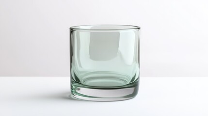 Empty, translucent, sage-green glass tumbler stands on a white surface.