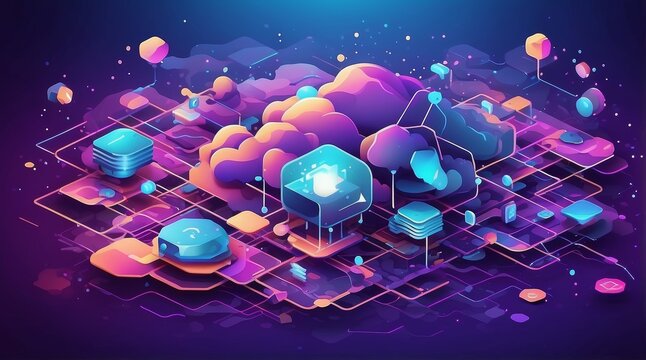 Futuristic Flat Vector of Quantum Computing Nodes and Cloud Networks in Isometric Layout