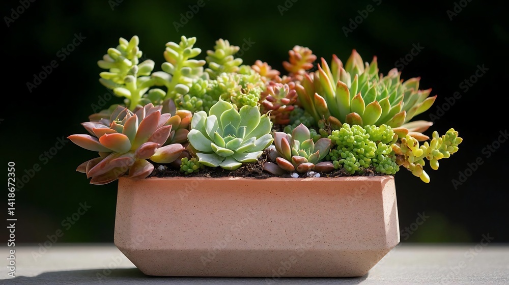 Aufkleber close-up of assorted plants in a rectangular pink pot set against a blurred dark green background
