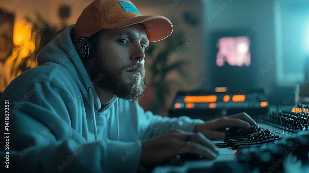 Leinwandbilder Man with a beard and cap in a recording studio manipulating audio equipment with a focused expression under blue lighting
