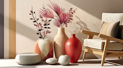 bedroom with graphic elements A modern living space showcasing stylish vases filled with vibrant flowers, creating a warm and inviting atmosphere.