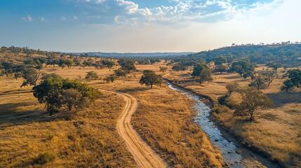 A desolate landscape featuring droughtstricken land adjacent to a dry riverbed, illustrating the impact of water scarcity on nature.