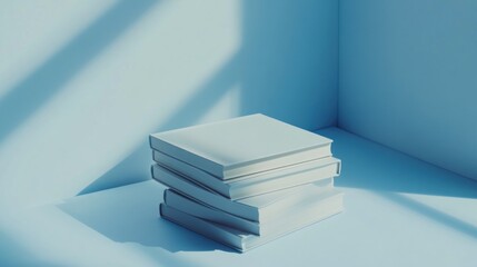 Light-blue corner display with a stack of books.