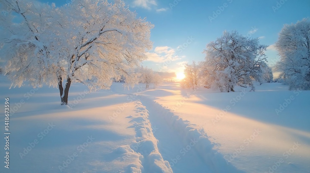 Poster winter landscape featuring snow-covered trees under a bright sun creating a serene and peaceful atmo