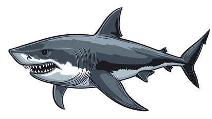 Obraz premium A stylized vector illustration of a great white shark against a pure white background. The shark is depicted in a dynamic pose, showcasing its powerful physique and menacing jaws