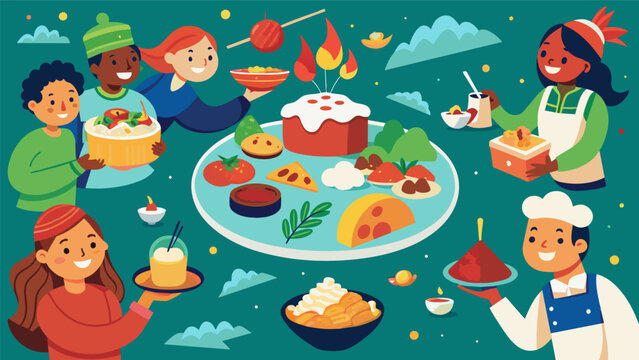 Delicious food from various cultural backgrounds is served promoting cultural exchange and understanding.. Vector illustration