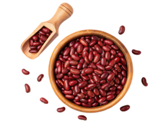Red beans on wooden bowl isolated on white background. Suitable for marketing or business purposes. PNG file