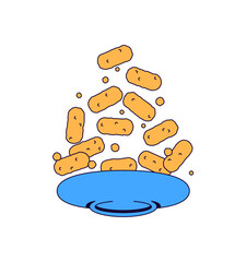 Illustration minimalistic cartoon-style image of chicken nugget pieces leaping joyfully above a blue bowl hand drawn cartoon style vector 