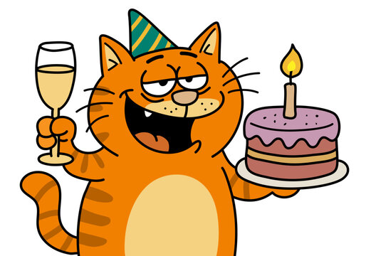 Humorous picture of funny tabby cat celebrating with birthday cake and champagne, wearing party hat with happy expression, perfect for greeting cards