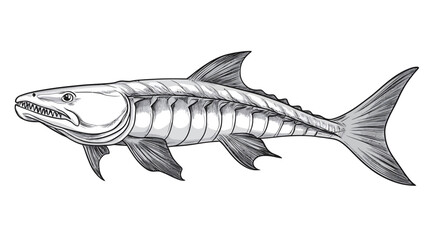 Obraz premium A detailed grayscale line drawing of an extinct fish species resembling Ichthyostega. The illustration showcases the fish's skeletal structure through delicate linework